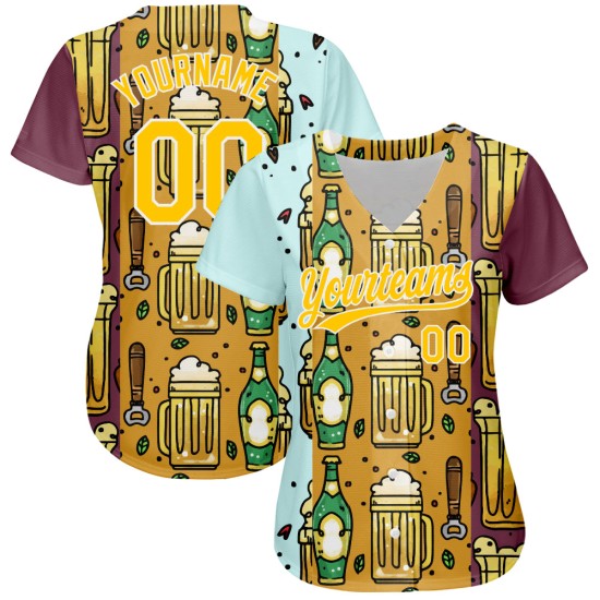 Maillot de baseball 3D personnalisé pour festival, blanc, motif bière authentique, jaune Maillot de baseball 3D personnalisé pour festival, blanc, motif bière authentique, jaune