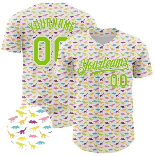 Maillot de baseball personnalisé vert animal 3D motif néon dinosaure blanc authentique Maillot de baseball personnalisé vert animal 3D motif néon dinosaure blanc authentique