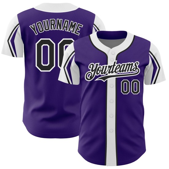 Maillot de baseball authentique aux couleurs personnalisées, noir et blanc, avec 3 formes de bras violets Maillot de baseball authentique aux couleurs personnalisées, noir et blanc, avec 3 formes de bras violets