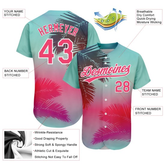 Maillot motif palmier personnalisé design néon baseball 3D aqua authentique hawaïen rose-blanc feuilles Maillot motif palmier personnalisé design néon baseball 3D aqua authentique hawaïen rose-blanc feuilles