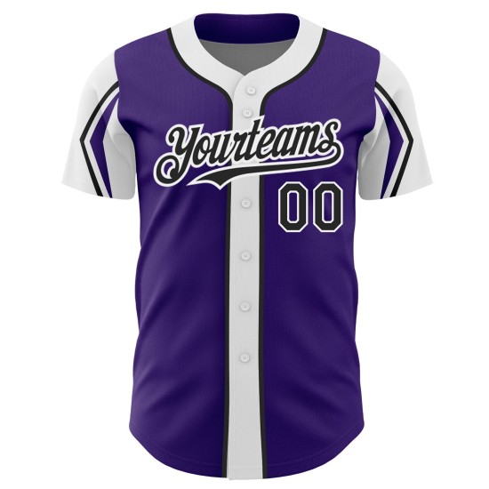 Maillot de baseball authentique aux couleurs personnalisées, noir et blanc, avec 3 formes de bras violets Maillot de baseball authentique aux couleurs personnalisées, noir et blanc, avec 3 formes de bras violets