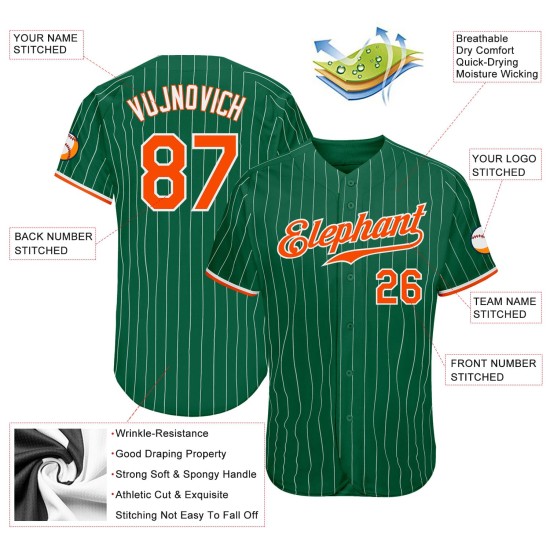 Maillot de baseball personnalisé Kelly à fines rayures orange-blanc authentique blanc vert Maillot de baseball personnalisé Kelly à fines rayures orange-blanc authentique blanc vert