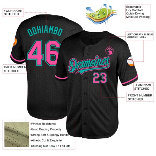 Maillot de baseball personnalisé authentique rétro rose-aqua noir en maille Maillot de baseball personnalisé authentique rétro rose-aqua noir en maille