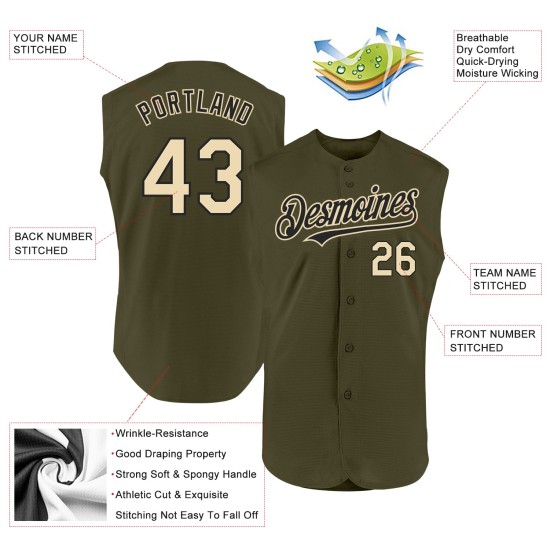 Maillot de baseball personnalisé sans manches crème-noir olive authentique Salute Maillot de baseball personnalisé sans manches crème-noir olive authentique Salute