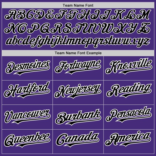 Maillot de baseball authentique aux couleurs personnalisées, noir et blanc, avec 3 formes de bras violets Maillot de baseball authentique aux couleurs personnalisées, noir et blanc, avec 3 formes de bras violets
