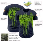 Maillot de baseball Art Dripping Design personnalisé vert motif baseball bleu marine 3D néon authentique éclaboussures