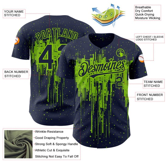 Maillot de baseball Art Dripping Design personnalisé vert motif baseball bleu marine 3D néon authentique éclaboussures