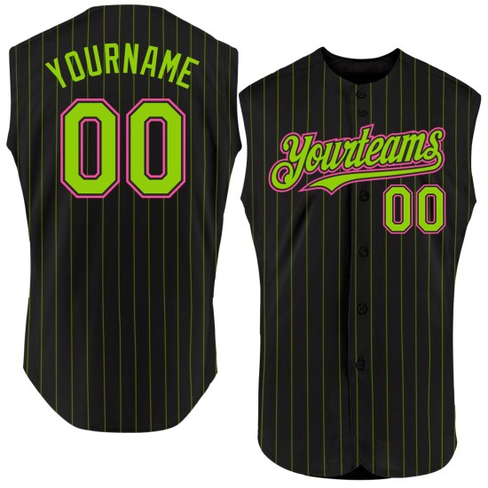 Maillot de baseball sans manches rose vert authentique personnalisé à rayures noires fluo Maillot de baseball sans manches rose vert authentique personnalisé à rayures noires fluo