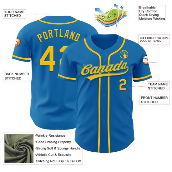 Maillot de baseball authentique personnalisé bleu jaune Maillot de baseball authentique personnalisé bleu jaune