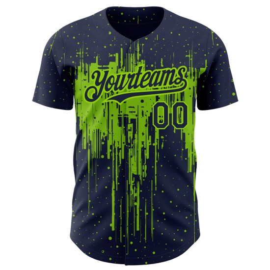 Maillot de baseball Art Dripping Design personnalisé vert motif baseball bleu marine 3D néon authentique éclaboussures