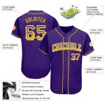 Maillot de baseball personnalisé violet doré et blanc, authentique et tendance