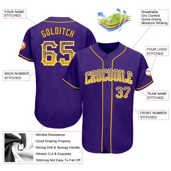 Maillot de baseball personnalisé violet doré et blanc, authentique et tendance