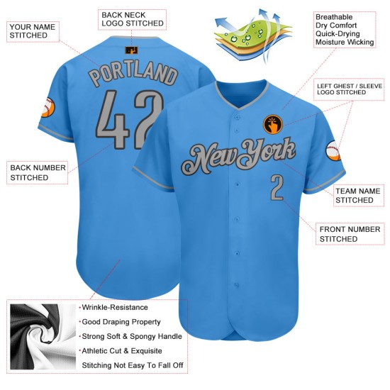 Maillot de baseball gris authentique bleu poudre personnalisé gris-acier Maillot de baseball gris authentique bleu poudre personnalisé gris-acier