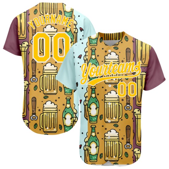 Maillot de baseball 3D personnalisé pour festival, blanc, motif bière authentique, jaune Maillot de baseball 3D personnalisé pour festival, blanc, motif bière authentique, jaune