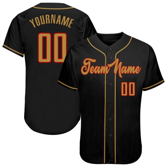 Maillot de baseball personnalisé or-rouge ancien authentique noir Maillot de baseball personnalisé or-rouge ancien authentique noir