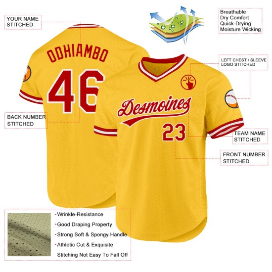 Maillot de baseball authentique personnalisé rouge-blanc-or Maillot de baseball authentique personnalisé rouge-blanc-or