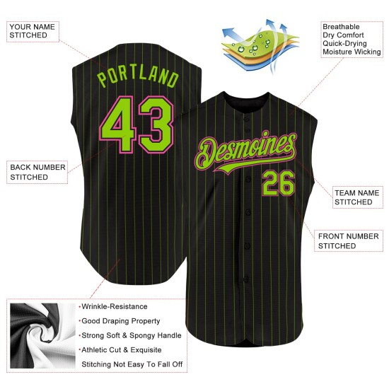 Maillot de baseball sans manches rose vert authentique personnalisé à rayures noires fluo Maillot de baseball sans manches rose vert authentique personnalisé à rayures noires fluo