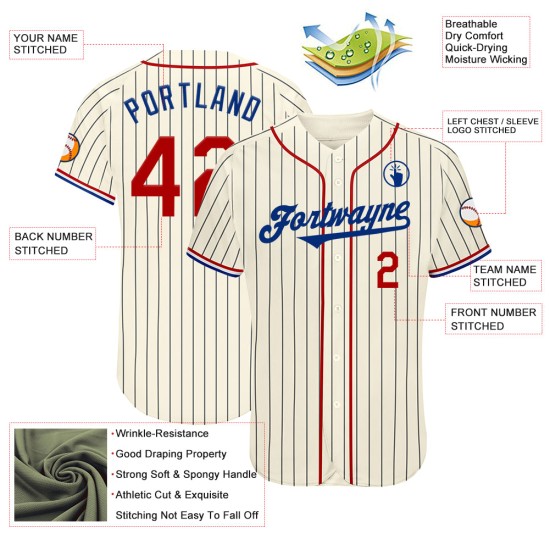Maillot de baseball authentique à rayures rouges, noires et blanches, crème personnalisée Maillot de baseball authentique à rayures rouges, noires et blanches, crème personnalisée
