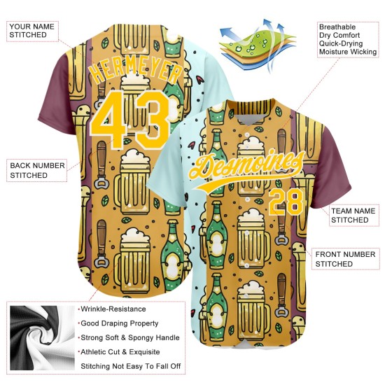 Maillot de baseball 3D personnalisé pour festival, blanc, motif bière authentique, jaune Maillot de baseball 3D personnalisé pour festival, blanc, motif bière authentique, jaune