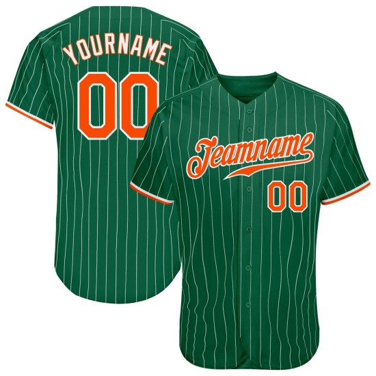 Maillot de baseball personnalisé Kelly à fines rayures orange-blanc authentique blanc vert Maillot de baseball personnalisé Kelly à fines rayures orange-blanc authentique blanc vert