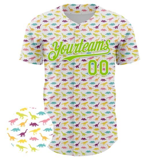 Maillot de baseball personnalisé vert animal 3D motif néon dinosaure blanc authentique Maillot de baseball personnalisé vert animal 3D motif néon dinosaure blanc authentique