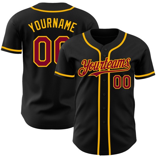 Maillot de baseball noir authentique, personnalisé, bordeaux et doré Maillot de baseball noir authentique, personnalisé, bordeaux et doré