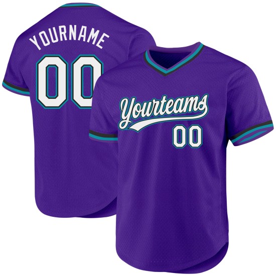 Maillot de baseball violet rétro personnalisé noir-bleu sarcelle authentique Maillot de baseball violet rétro personnalisé noir-bleu sarcelle authentique