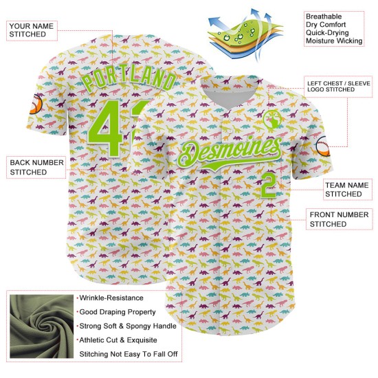 Maillot de baseball personnalisé vert animal 3D motif néon dinosaure blanc authentique Maillot de baseball personnalisé vert animal 3D motif néon dinosaure blanc authentique
