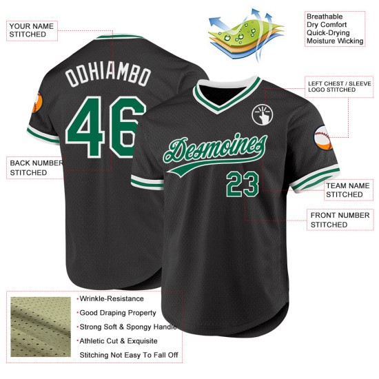 Maillot de baseball personnalisé rétro authentique noir vert-blanc Kelly Maillot de baseball personnalisé rétro authentique noir vert-blanc Kelly